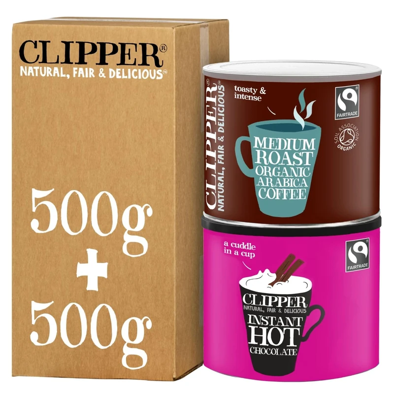Clipper Teas Organic Medium Roast Arabica Coffee 500g & Fairtrade Instant Hot Chocolate, 1kg