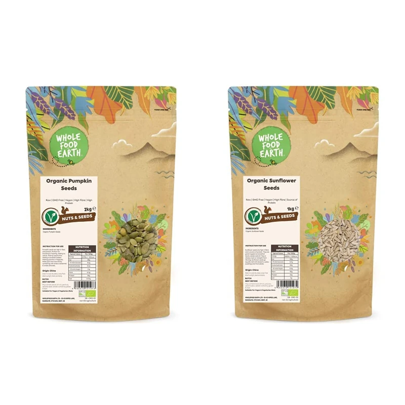 Wholefood Earth Organic Pumpkin Seeds 2kg Raw & Organic Sunflower Seeds 1kg Raw | GMO Free | Vegan | High Fibre | Source of Protein | Certified Organic