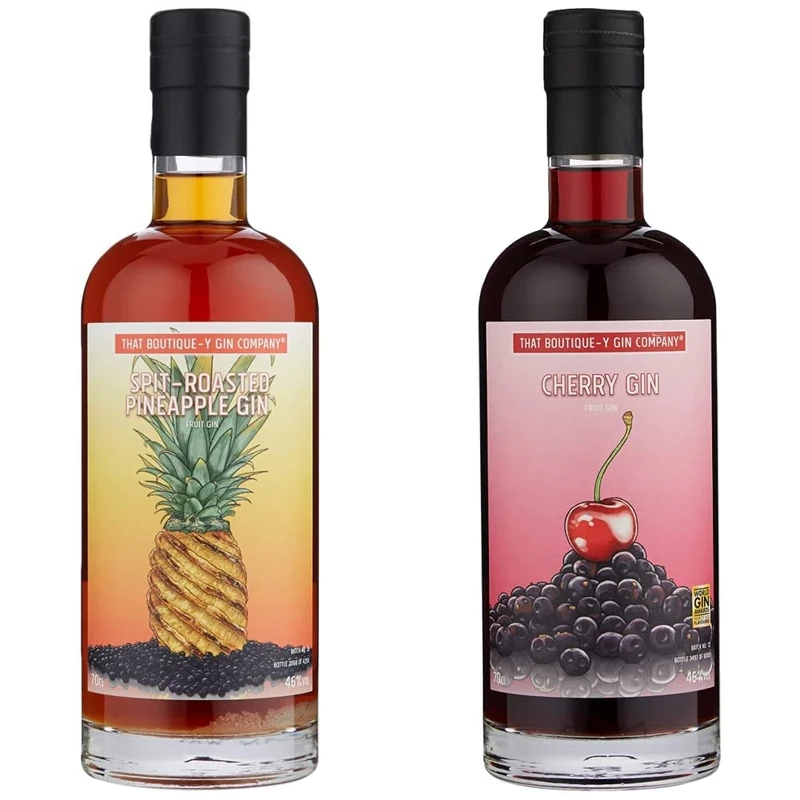 That Boutique-Y Gin Company Spit-Roasted Pineapple Gin, 70cl & Cherry Gin 70cl. Cherry flavoured gin made with sweet and sour marasca cherries. Craft fruit gin.