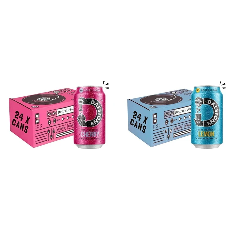 Dalston's Sparkling Cherry Soda (24 x 330ml) - Real Pressed Cherries & Sparkling Water - 46 Kcal - Vegan & Sparkling Lemon Soda (24 x 330ml) - Real Squeezed Lemon & Sparkling Water - 46 Kcal - Vegan