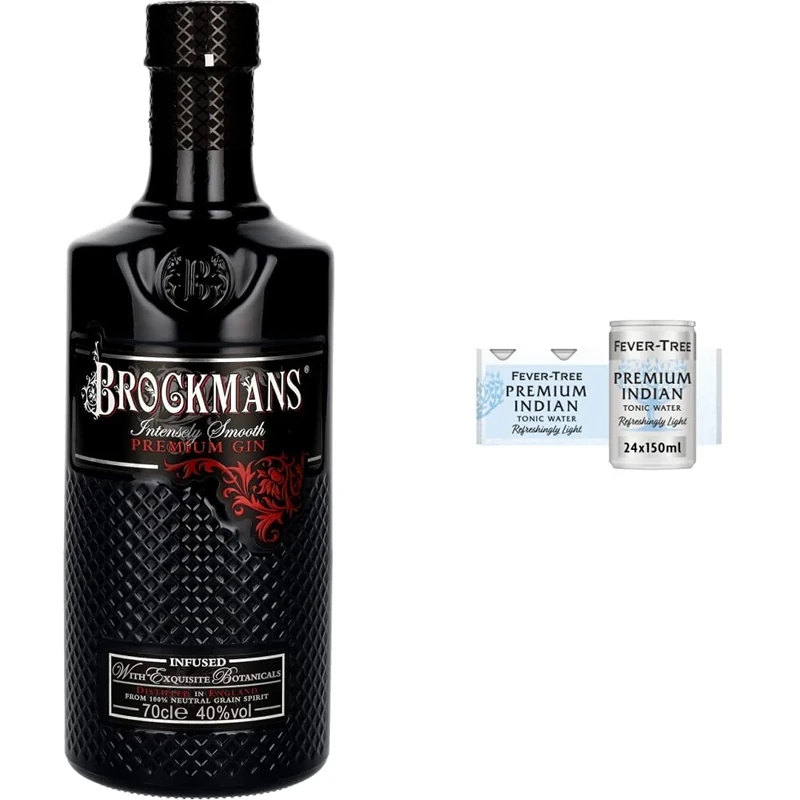 Brockmans Intensely Smooth Premium Gin 70cl | Crafted with Dark Berries and Noble Traditions & Fever-Tree Refreshingly Light Indian Tonic Water 8 x 150ml (Pack of 3, Total 24 cans)