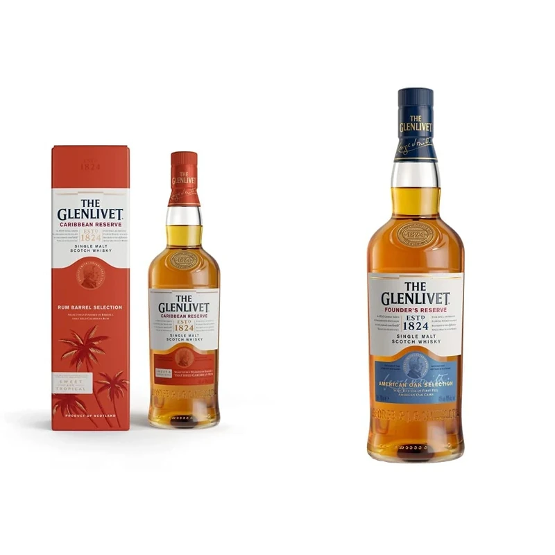 The Glenlivet Caribbean Reserve Single Malt Whisky (Rum Barrel Selection), 70 cl with Gift Box & Founder's Reserve Single Malt Scotch Whisky with Giftbox, 700ml