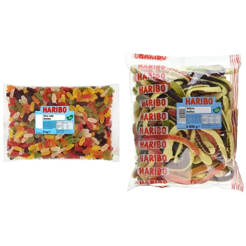 HARIBO Mini Jelly Babies Bulk Bag 3 kg (Pack of 1) 11150 & Yellow Belly Giant Snakes, Yellow Bellies Bulk Sweets, 3kg