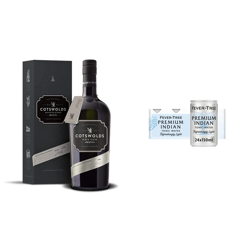 Cotswolds Dry Gin - Award Winning Gin Made with Cotswolds Lavender and Refreshing Citrus - 46% ABV 70cl & Fever-Tree Refreshingly Light Indian Tonic Water, 150ml, 8 Count (Pack of 3) (Total 24 cans)