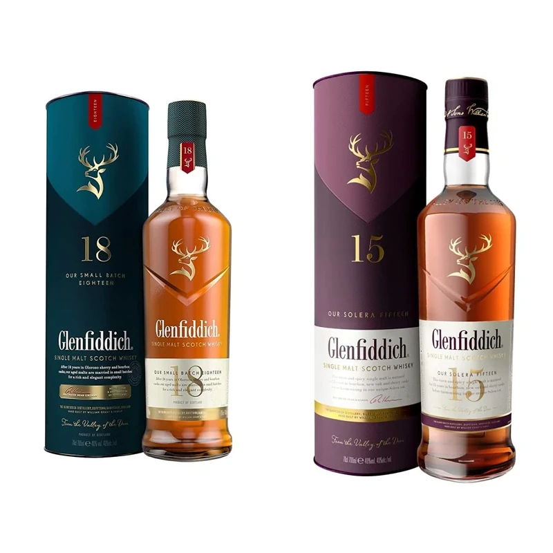 Glenfiddich 18 Year Old Single Malt Scotch Whisky with Gift Box – 70cl & 15 Year Old Single Malt Scotch Whisky – 70cl