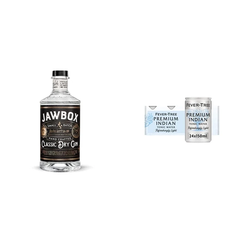 Jawbox Small Batch Classic Dry Gin 43%, 70cl, 18432 & Fever-Tree Refreshingly Light Indian Tonic Water 8 x 150ml (Pack of 3, Total 24 cans)