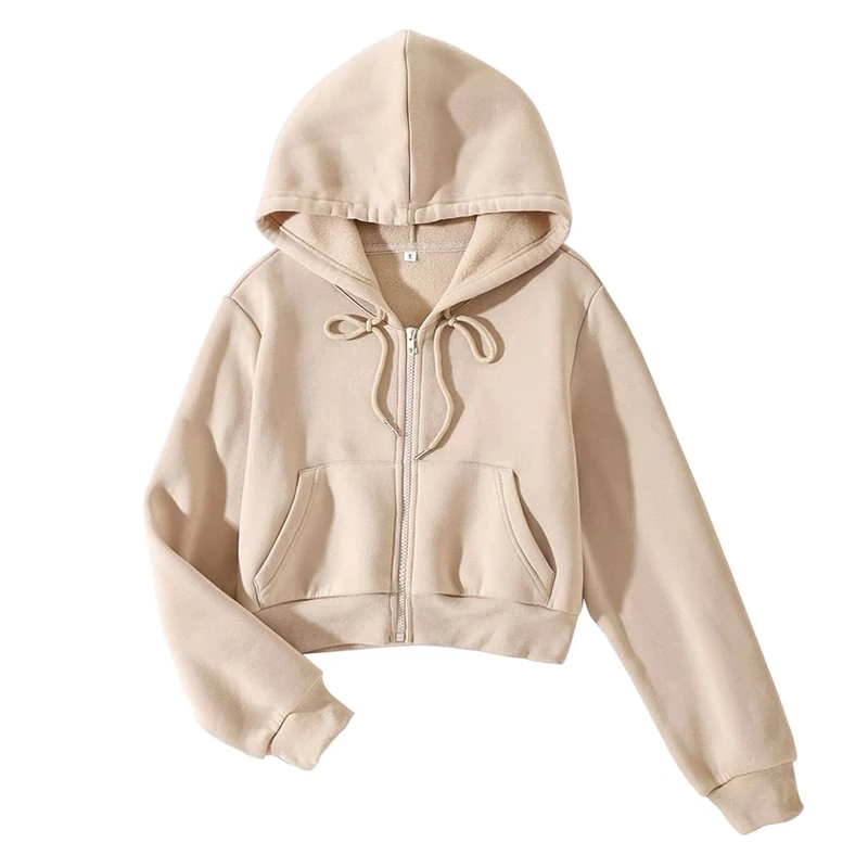 LOFAAC Women Fleece Full Zip Up Cropped Hoodie Sweatshirt 90s Long Sleeve Drawstring Hooded Crop Jacket Top with Pockets, Apricot, Medium