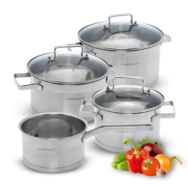 classbach® C-KTS 4016 7-Piece Saucepan Set Stainless Steel for All Hobs (Induction, Gas Hob, Ceramic Hob, Electric Hob) Dishwasher Safe Cooking Pot Set Camping Pots Induction Cooking Pot Set