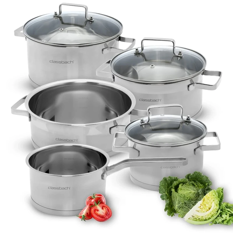 classbach® C-KTS 4017 8-Piece Stainless Steel Cooking Pot Set for All Hobs (Induction, Gas Hob, Ceramic Hob, Electric Hob) Dishwasher Safe Cooking Pot Set Camping Pots Induction Cooking Pot Set