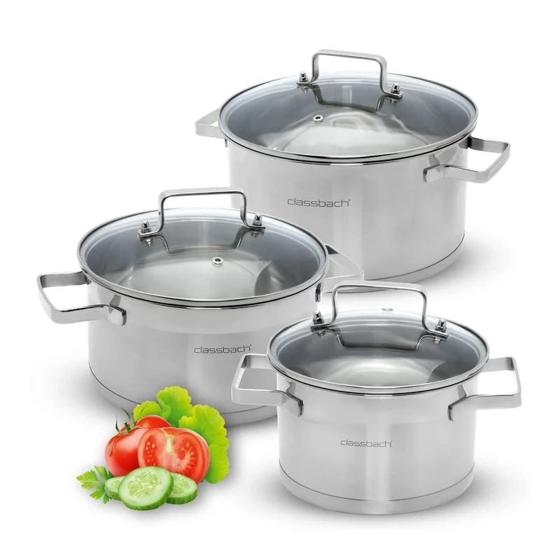 classbach® C-KTS 4015 Saucepan Set Stainless Steel for All Hobs (Induction, Gas Hob, Ceramic Hob, Electric Hob) Dishwasher Safe Cooking Pot Set Camping Pots Induction Cooking Pot Set 6 Pieces