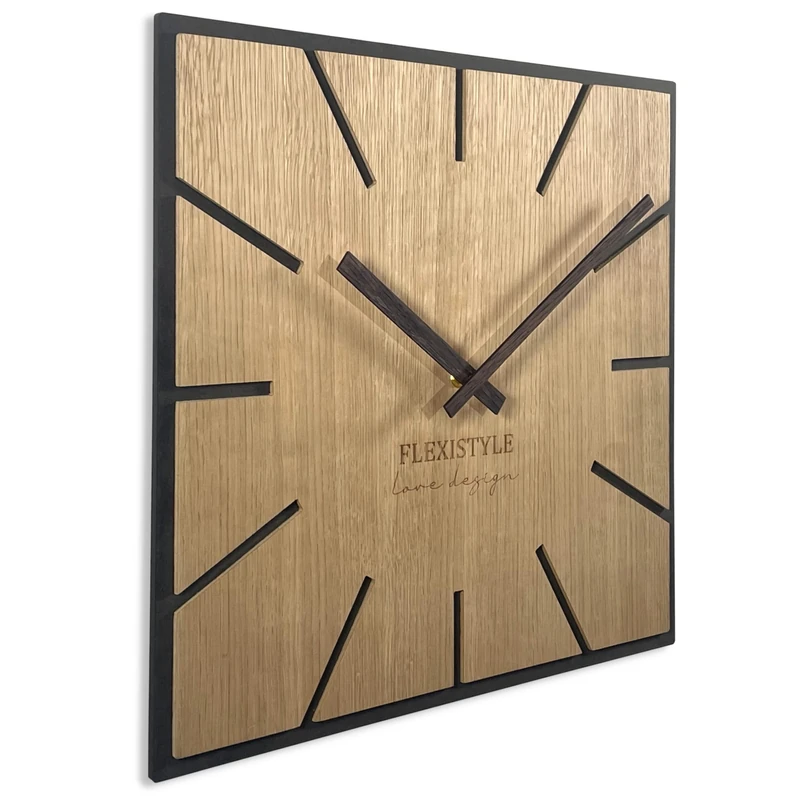 FLEXISTYLE Large wall clock EXACT 50cm wooden oak black square silent non ticking for office living room bedrom