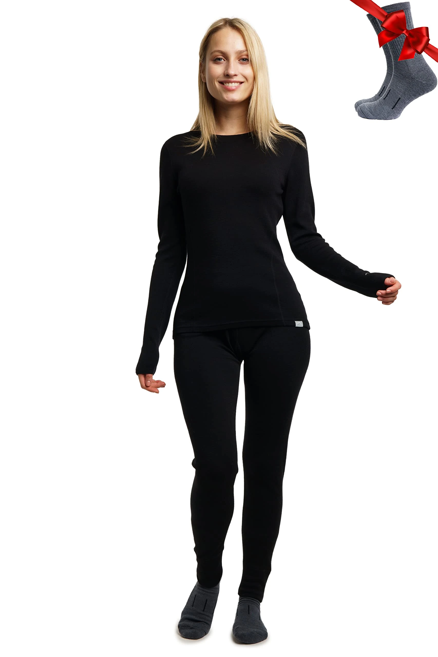 Merino.tech Merino Wool Base Layer Womens Set - Merino Thermal Underwear Womens Top and Bottom Lightweight, Midweight, Heavyweight (Small, 320 Black)