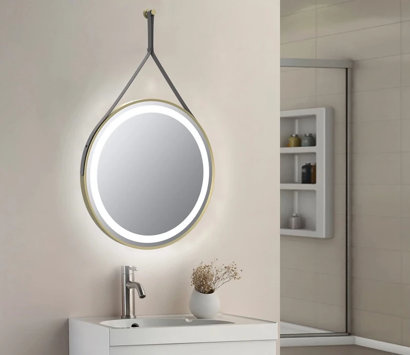 Keenware KBM-360 Midas Round LED Brushed Brass Framed Bathroom Mirror With Hook & Loop; 600mm