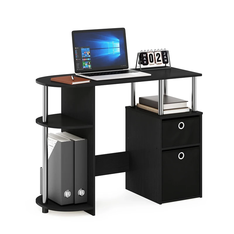 Furinno JAYA Desk, Gaming Desk with Bin Drawers, Computer Study Desk, Office Desk for Home Office, Bedroom, Dorm, Study Room, Americano, Stainless Steel Tubes