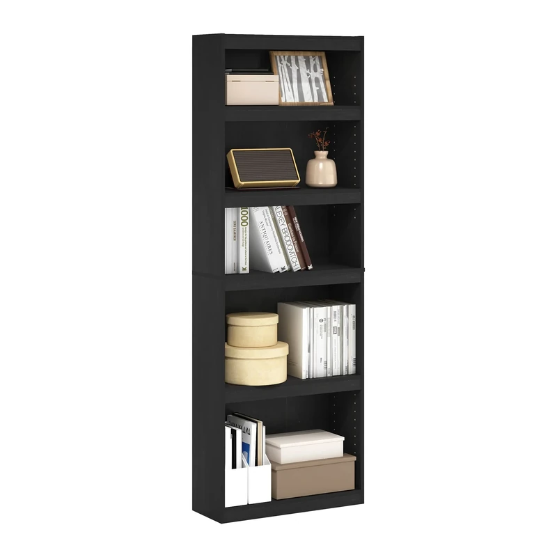 Furinno JAYA Book Shelf, 5-Tier Bokshelf, Enhanced Home Bookcase with Adjustable shelf, 9.5 x 24.5 x 71.1, for Living Room, Bedroom, Home Office, Blackwood