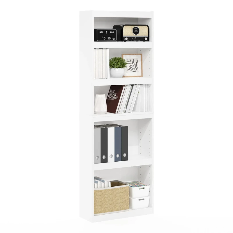 Furinno JAYA Book Shelf, 5-Tier Bokshelf, Enhanced Home Bookcase with Adjustable shelf, 9.5 x 24.5 x 71.1, for Living Room, Bedroom, Home Office, White