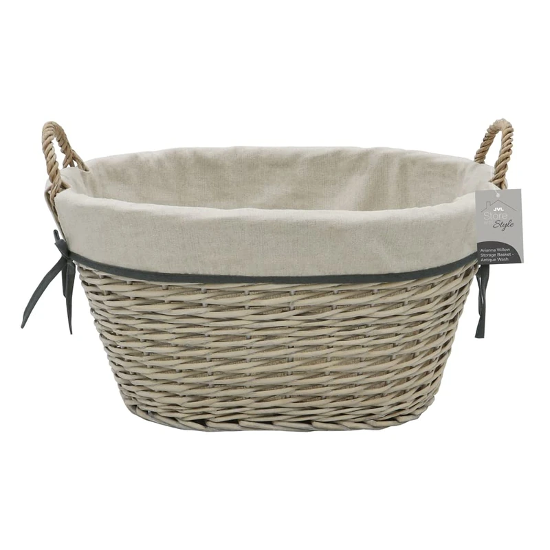 JVL Arianna Oval Tapered Willow Storage Basket, Grey Wash