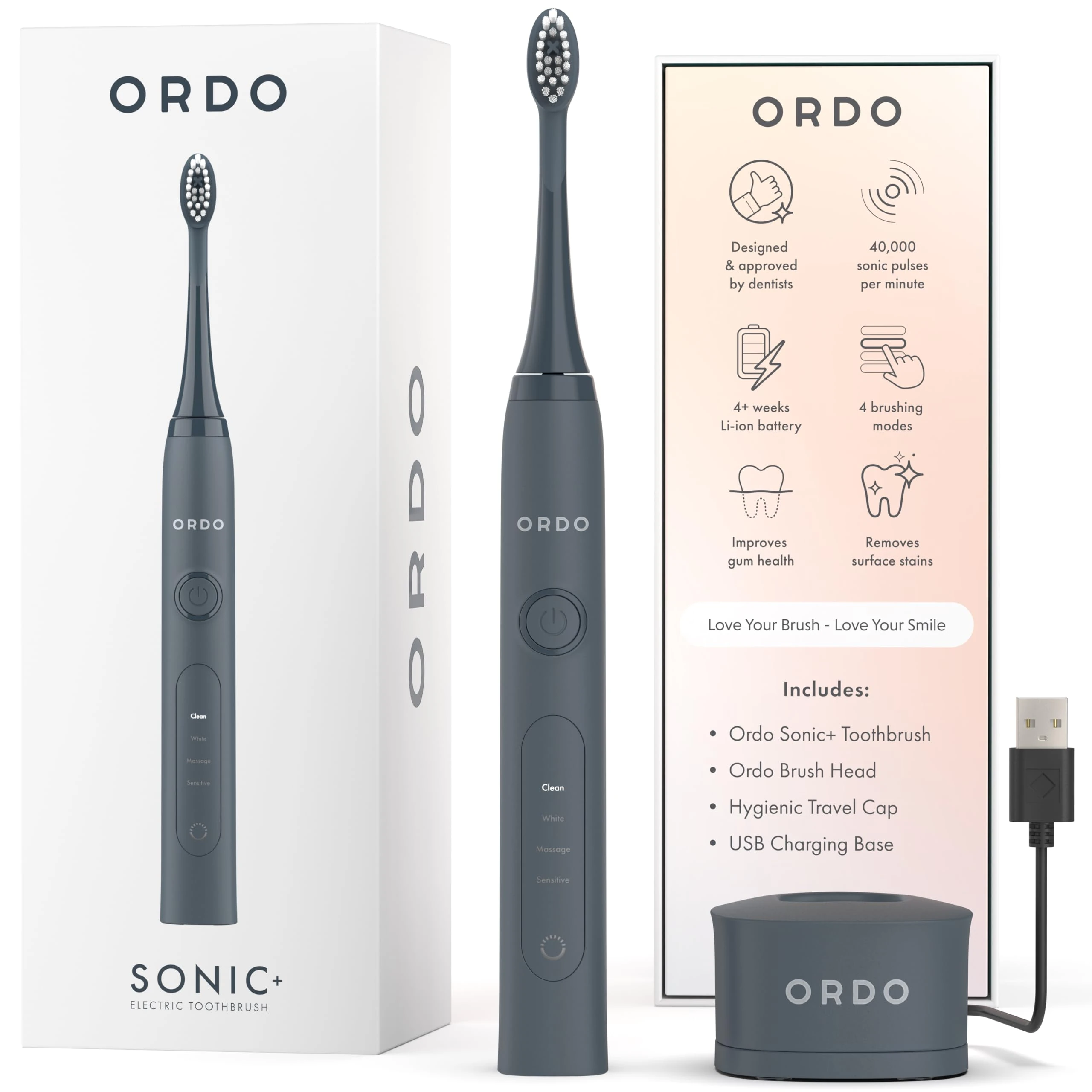 Ordo Sonic+ Electric Toothbrush for Adults, Advanced Tech, 4 Brushing Modes, Fast Rechargeable, Sonic Toothbrushes Over 4 Weeks Battery Life, Silicone Polishing Element, USB Charger, Charcoal Grey