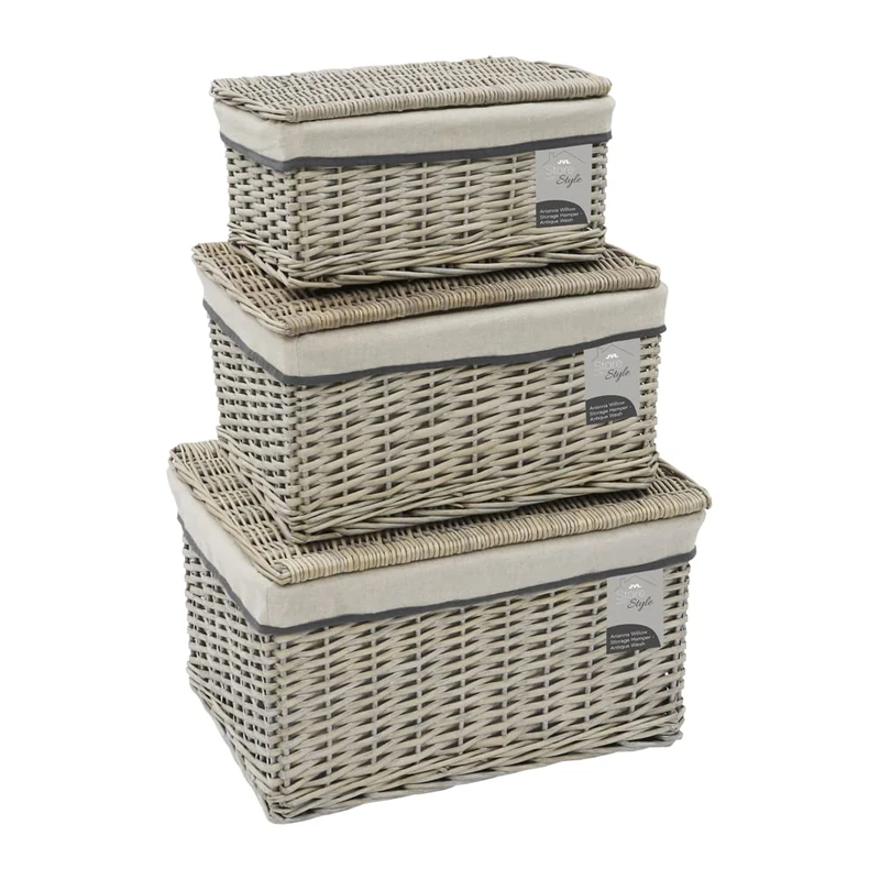 JVL Arianna Rectangular Willow Hamper Basket, Set of 3, Grey Wash - Image 1