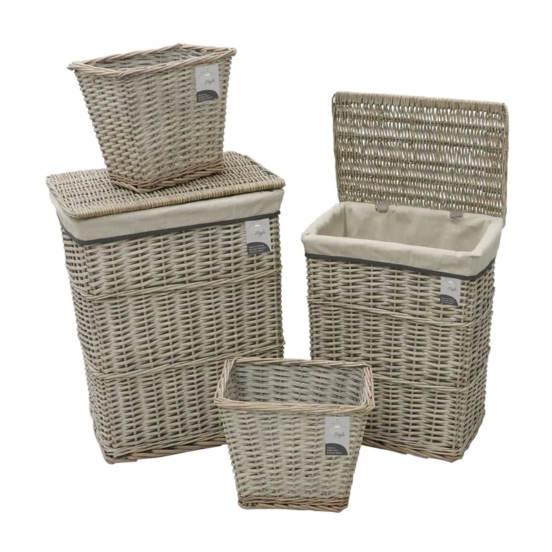 JVL Arianna Rectangular Willow Baskets, Set of 2 Laundry Baskets and 2 Waste Paper Bins