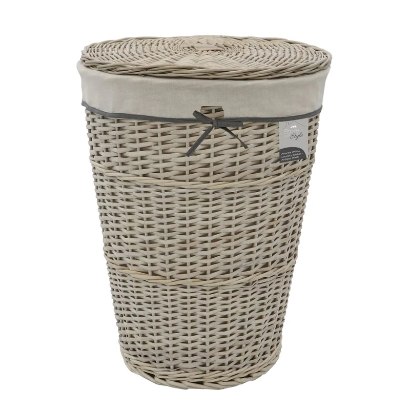 JVL Arianna Round Tapered Willow Linen Laundry Basket, Grey Wash - Image 1