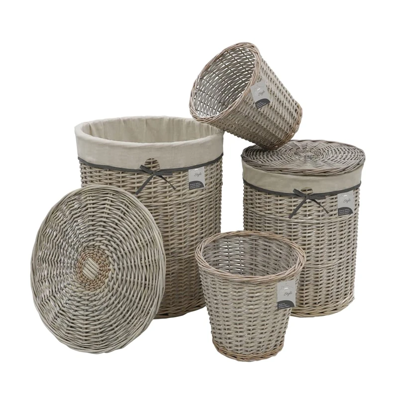 JVL Arianna Round Willow Baskets, Set of 2 Laundry Baskets and 2 Waste Paper Bins