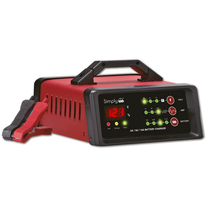 Simply BTC-6010 2/6/10Amp 6/12V Heavy Duty Smart Battery Charger - 200AH - LED Output Display - Adjustable - Portable Design