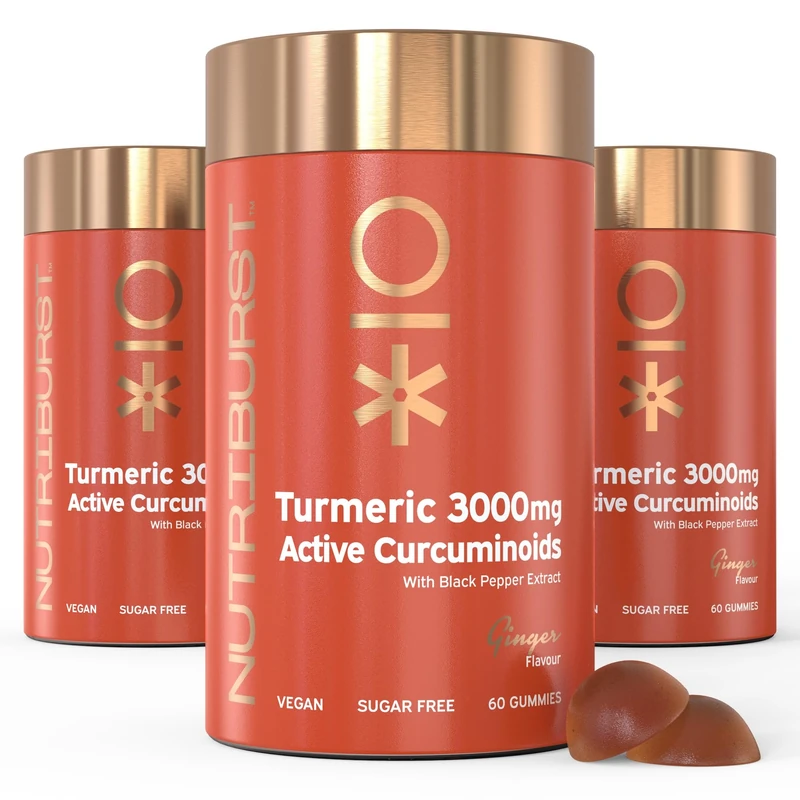Nutriburst Turmeric Curcumin with Black Pepper Extract Multipack - Powerful Antioxidants & Anti-inflammatory, Joint & Muscle Health - Vegan & Sugar Free - 3 x 60 Ginger Gummies - 3 Mon Supply