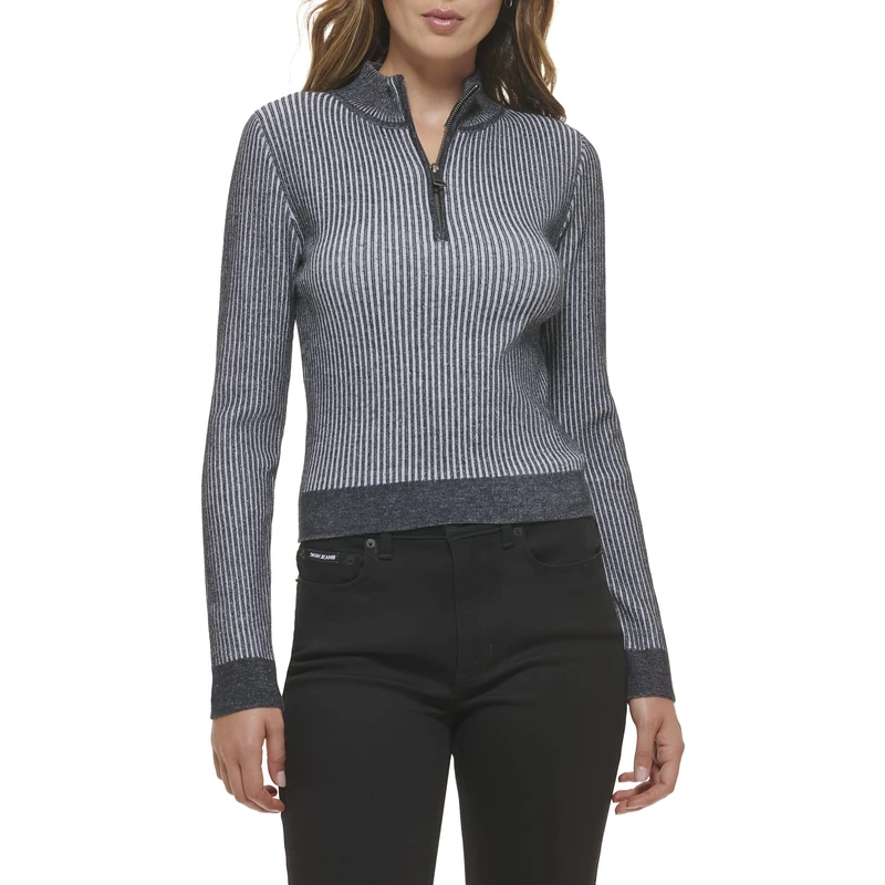 DKNY Women's Long Sleeved Half Zip Cowl Neck Pullover Sweater, Black/White, L, Black/White, L