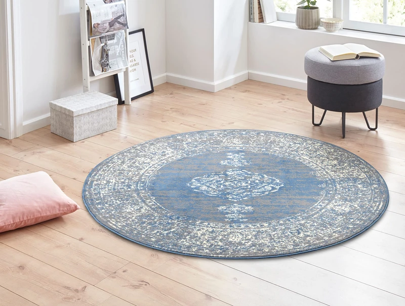 HANSE Home Gloria Orient Round Rug Diameter 160 cm - Living Room Rug Multicoloured Vintage Rug Oriental Pattern for Hallway, Dining Room, Bedroom, Children's Room, Living Room, Kitchen - Sky Blue
