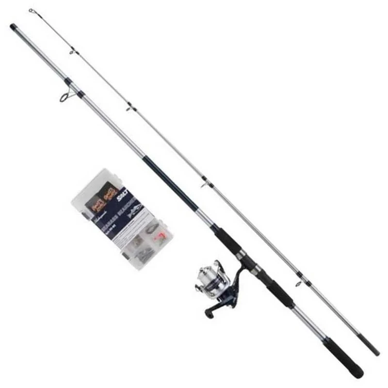 Shakespeare SALT Seabass Searcher Combo Set, Fishing Rod and Reel Combo, Spinning Combo Includes Hard Case Tackle Box, Lures and End Tackle, Inshore Fishing, Seabass, Blue & White, 2.70m | 40-80g