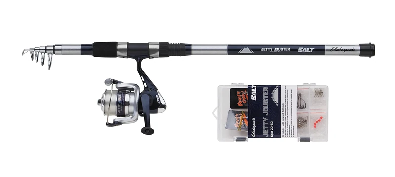 Shakespeare Salt Jetty Jouster Combo Set; 2.40 m Sea Fishing Rod and Reel for Inshore/Nearshore Spinning, Includes Hard Case Box, Lures and End Tackle, 20-60g, Blue and White