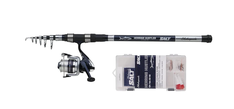 Shakespeare SALT Herring Hustler Combo Set, Fishing Rod and Reel Combo, Spinning Combo Includes Hard Case Tackle Box, Lures and End Tackle, Inshore Fishing, Herring, Unisex, Blue & White, 3m | 60-90g