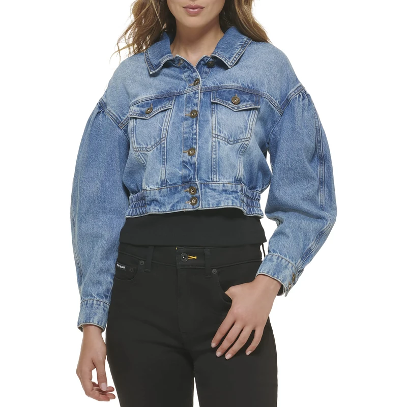 DKNY Women's LS Puff Button Front Cropped Denim Jacket, Dark Wash, XXS