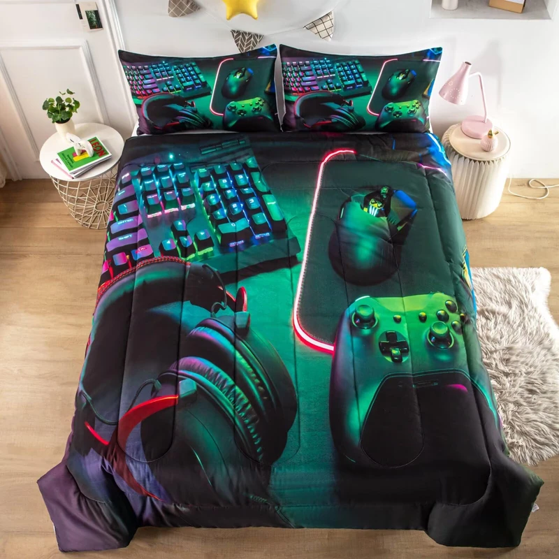 GRAT TIOC Gamer Comforter Sets for Teen Boys,Gaming Bedding Sets Queen,Video Game Bedspread,Game Gamepad Bed Set,Controller Bedding Gamer Home Decor 3 Piece