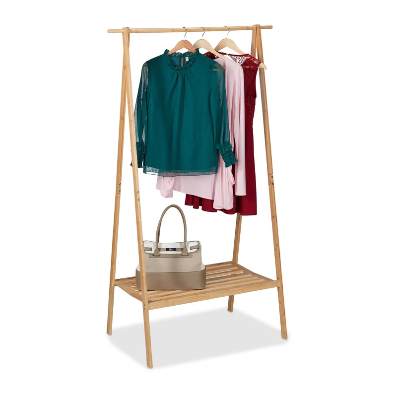 Relaxdays Bamboo Coat Rack, Foldable Wardrobe Stand, HxWxD: 170 x 100 x 56.5 cm, Clothes Rail with Shelf, Natural