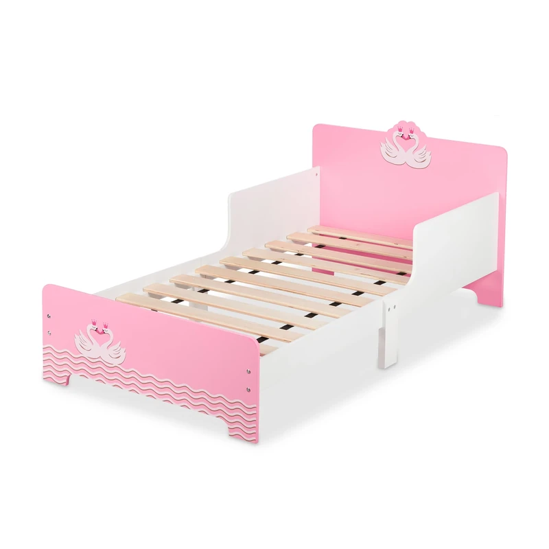Relaxdays Children's Bed, Toddler Cot, with fall-out protection, HxWxD 60 x 77 x 143 cm, Slatted Frame, Swan, White/Pink