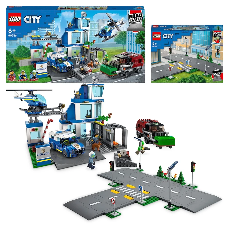 LEGO 60316 City Police Station with Van, Garbage Truck & Helicopter Toys & 60304 City Road Plates Building Toys, Set with Traffic Lights, Trees & Glow in the Dark Bricks