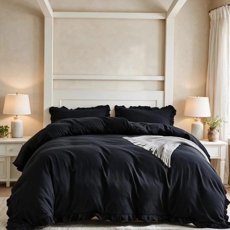 CLOTHKNOW Black Ruffle King Size Comforter Set Shabby Chic Bedding Sets