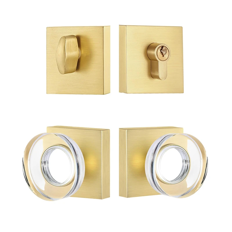 coolnews Single Cylinder Deadbolt and Crystal Glass Passage Door Knob Combo Set, Satin Brass Finish