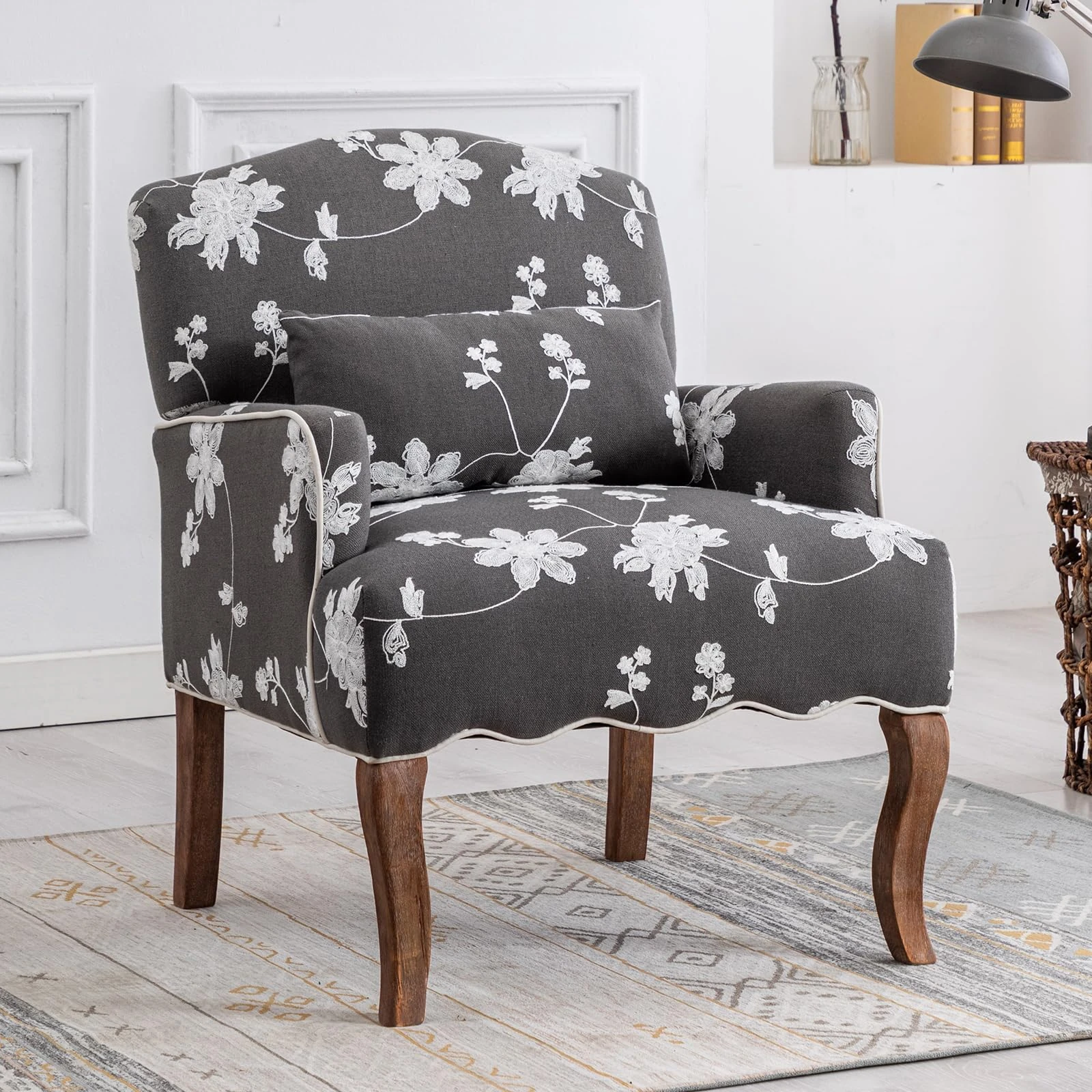 chairus Linen Single Sofa Chair Retro Printed Upholstered Armchair for Living Room Modern Occasional Longue Chair with Wood Legs (Gray)