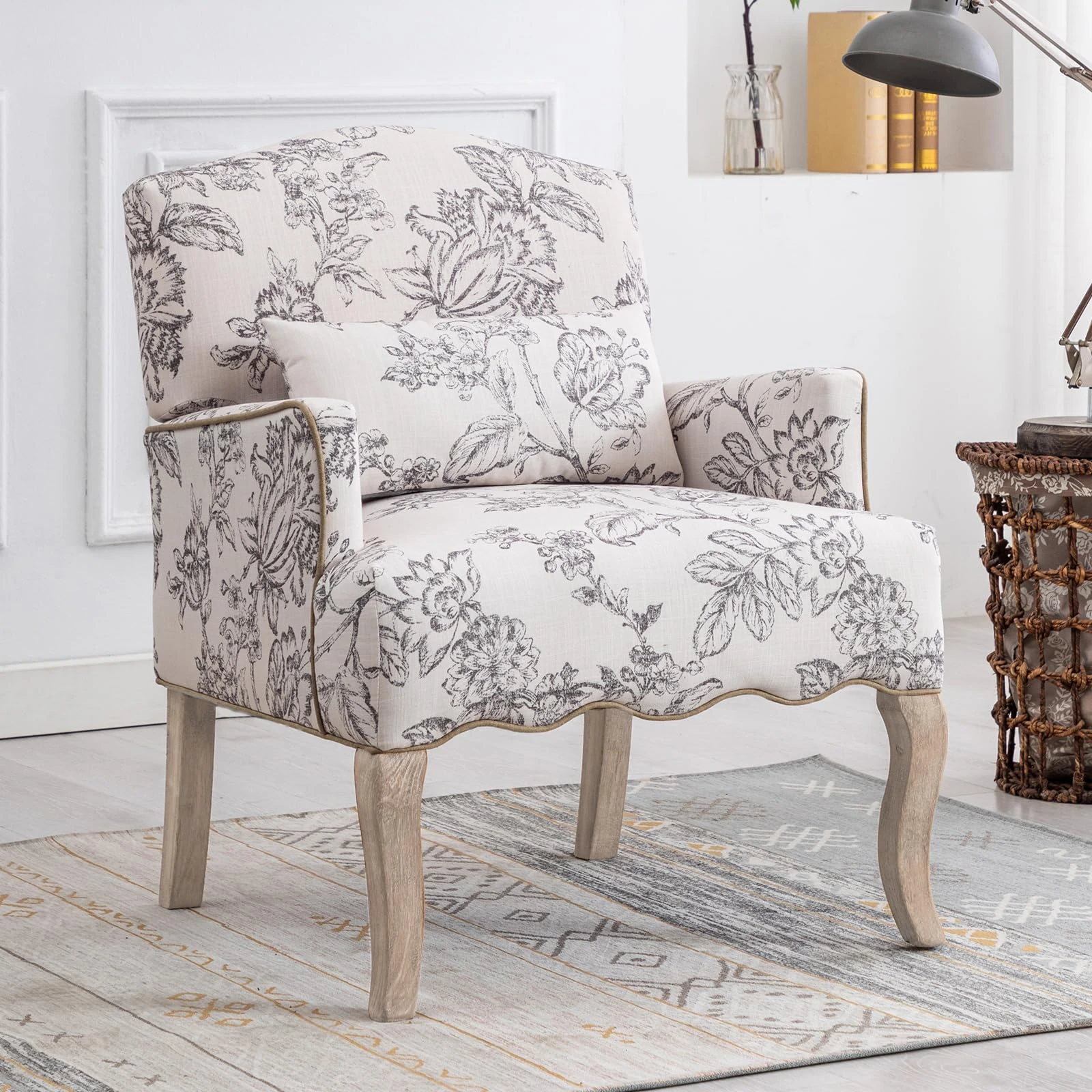 chairus Linen Single Sofa Chair Retro Printed Upholstered Armchair for Living Room Modern Occasional Longue Chair with Wood Legs (Beige)