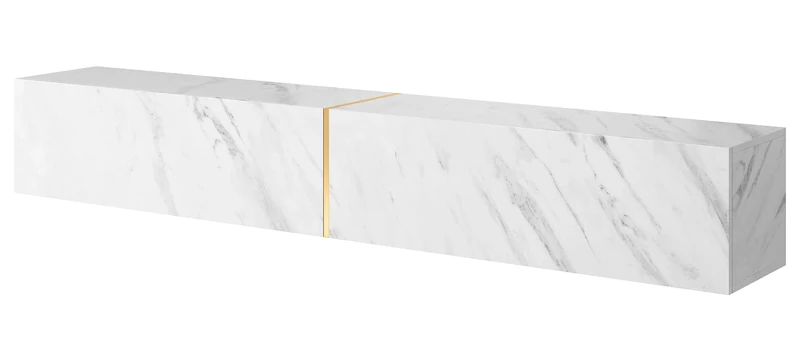 SELSEY Bisira Wooden TV Cabinet 200 x 32 x 30 cm, White Marble Finish with Gold Insert, Wall Mounted TV Unit Fits Up to 75", Drop-Down Storage, Moisture & Scratch Resistant, Living Room Elegance