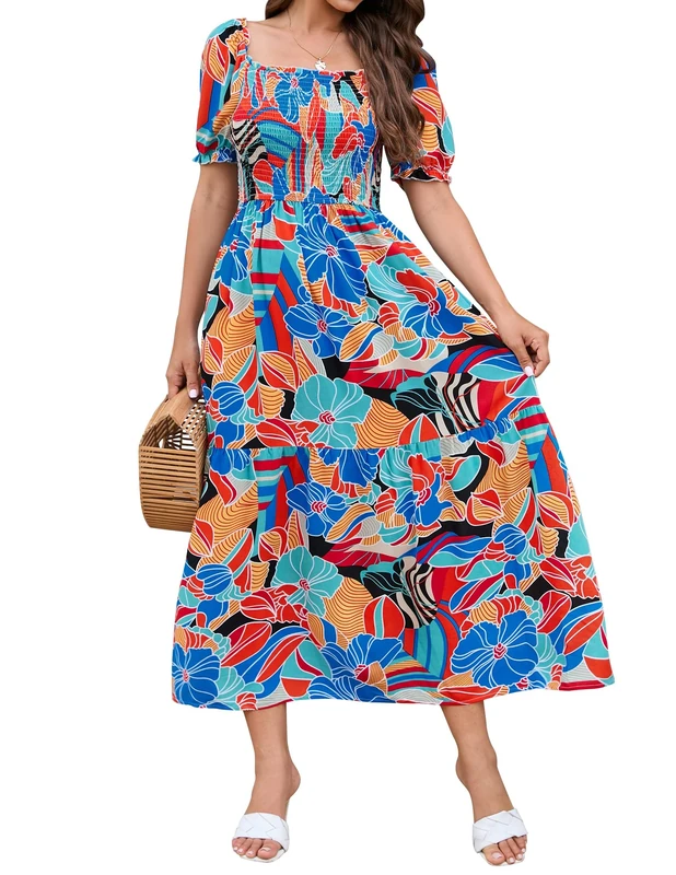 ZESICA Women's 2025 Summer Boho Floral Print Square Neck Ruffle Swing Beach Long Maxi Dress, Greenblue, S