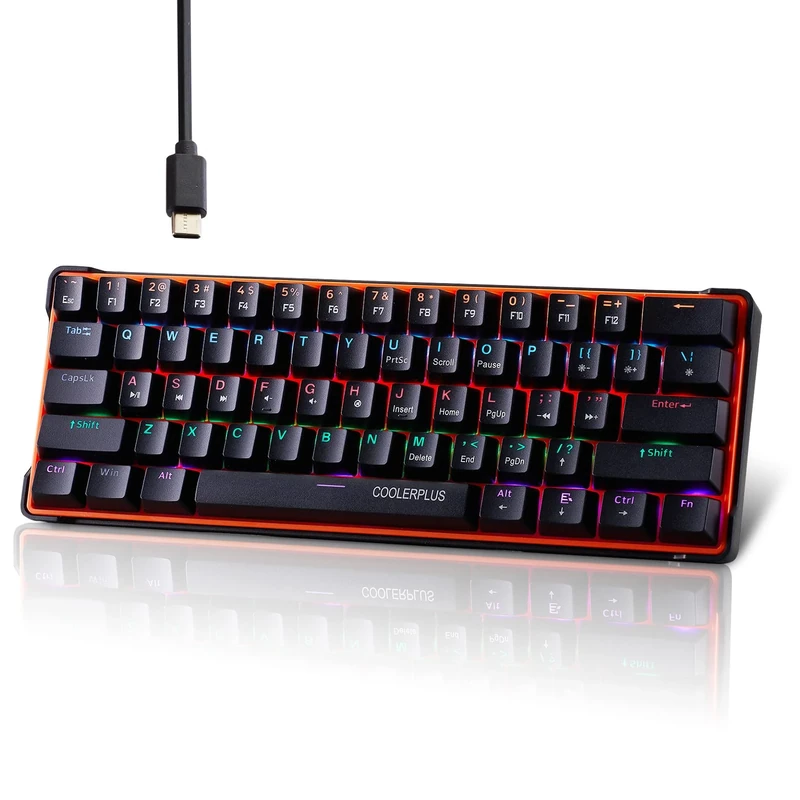 COOLERPLUS Wired Gaming Keyboard- 61 Keys Compact Mechanical Keyboard, Double Shot Keycaps with LED Backlit, Red Switch (Black)