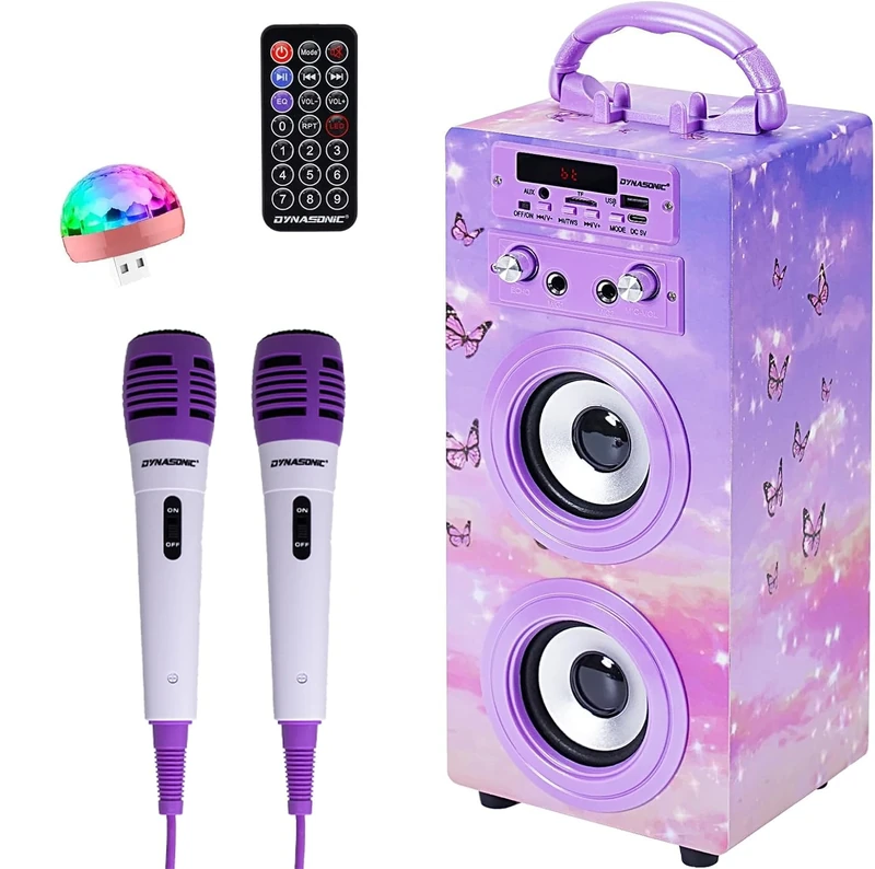DYNASONIC Karaoke Machine with 2 Microphones, Portable Bluetooth Speaker with Lights, USB and SD Reader, Gift for Children Ages 5-13 (Model 18 lights)