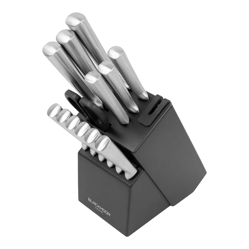 Blackmoor 69099 14-Piece Knife Set Plus Matt Black Oak Knife Block/Hardened High-Grade Stainless-Steel/Includes Steak Knives, Scissors and Knife Sharpener/Modern & Stylish Kitchen Accessories