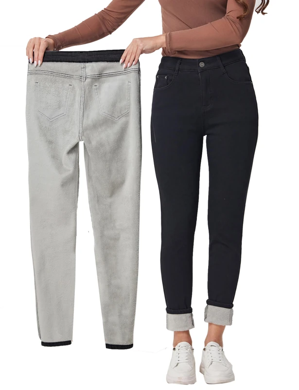 Yehopere Women's Winter Fleece Lined Jeans Slim Fit Warm Skinny High Waist Denim Jean, Black Formal, Large