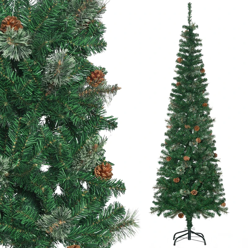 HOMCOM Artificial Christmas Tree 195 cm 556 Branches with 27 Pine Cones + Stand Folding Stand Green