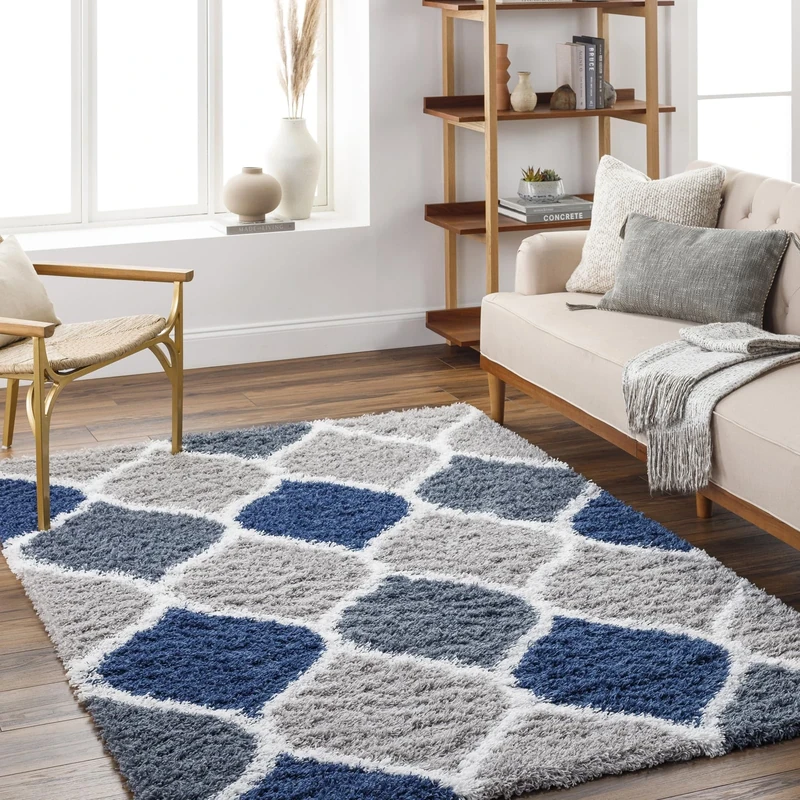 Livabliss Mostar Shaggy Rug - Modern Berber Rugs Living Room, Large 160x220 cm, Soft Shaggy Rugs for Bedroom - Neutral Boho Fluffy Rug, Easy Care Plush Thick Pile - Blue, Grey and White
